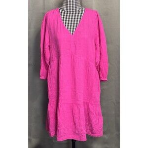 Gap Gauze Tier Dress Womens Size M Pink 3/4 Sleeve V-Neck Pockets NEW